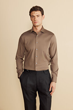%100  Pamuk  İtalyan Yaka Slim Fit Örme Gömlek - Vizon