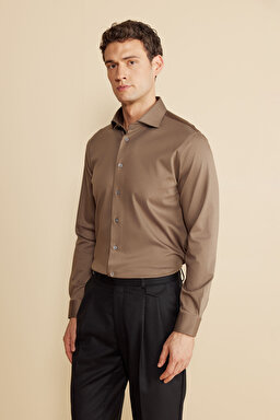 %100  Pamuk  İtalyan Yaka Slim Fit Örme Gömlek - Vizon (görsel 2)