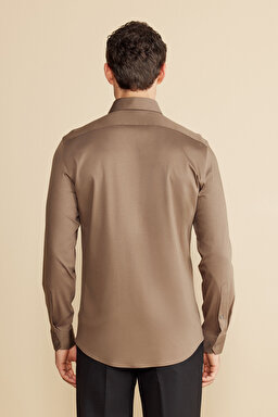 %100  Pamuk  İtalyan Yaka Slim Fit Örme Gömlek - Vizon (görsel 5)