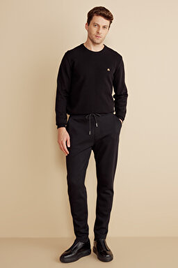 Pamuk Karışımlı Pike Örgü Beli Lastikli Sweatpant - Siyah