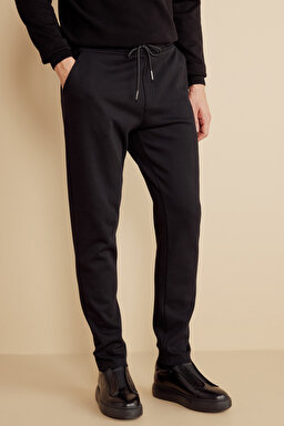 Pamuk Karışımlı Pike Örgü Beli Lastikli Sweatpant - Siyah (görsel 2)
