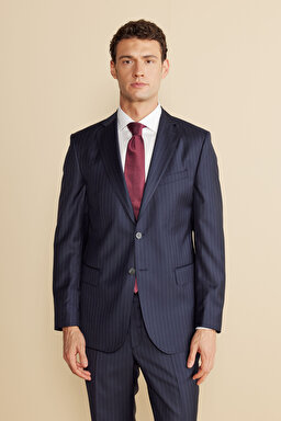 %100 Yün Mono Yaka Kapak Cep Slim Fit  Limited Edition Takım Elbise - Lacivert-Gri Çizgili