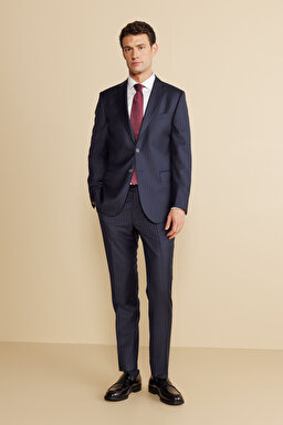 %100 Yün Mono Yaka Kapak Cep Slim Fit  Limited Edition Takım Elbise - Lacivert-Gri Çizgili (görsel 2)
