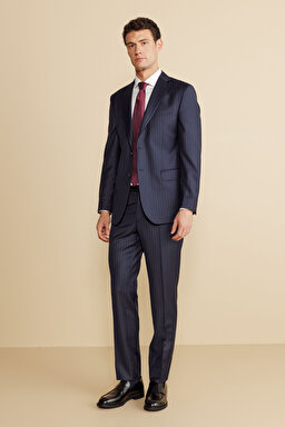 %100 Yün Mono Yaka Kapak Cep Slim Fit  Limited Edition Takım Elbise - Lacivert-Gri Çizgili (görsel 3)