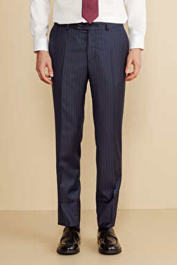 %100 Yün Mono Yaka Kapak Cep Slim Fit  Limited Edition Takım Elbise - Lacivert-Gri Çizgili (görsel 5)