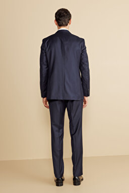 %100 Yün Mono Yaka Kapak Cep Slim Fit  Limited Edition Takım Elbise - Lacivert-Gri Çizgili (görsel 6)
