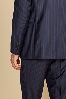 %100 Yün Mono Yaka Kapak Cep Slim Fit  Limited Edition Takım Elbise - Lacivert-Gri Çizgili (görsel 7)