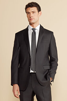%100 Yün Mono Yaka Kapak Cep Slim Fit Limited Edition  Takım Elbise - Siyah