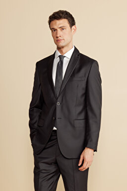 %100 Yün Mono Yaka Kapak Cep Slim Fit Limited Edition  Takım Elbise - Siyah (görsel 2)