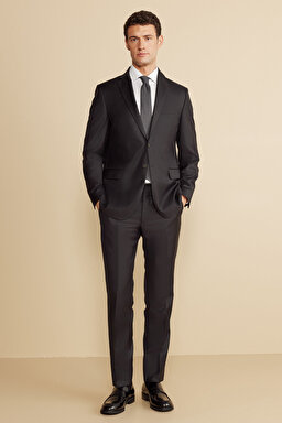 %100 Yün Mono Yaka Kapak Cep Slim Fit Limited Edition  Takım Elbise - Siyah (görsel 3)