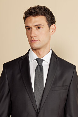 %100 Yün Mono Yaka Kapak Cep Slim Fit Limited Edition  Takım Elbise - Siyah (görsel 4)