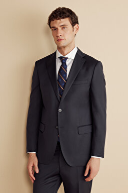 Yün Karışımlı Mono Yaka Kapak Cep Slim Fit Limited Edition İpek Takım Elbise - Lacivert