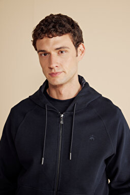 Pamuk Karışımlı Kapüşonlu Enjeksiyon Baskı Hoodie - Lacivert (görsel 4)