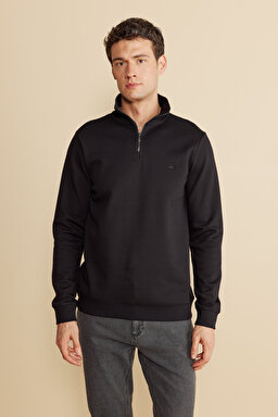 Pamuk Karışımlı Bato Yaka Pike Sweatshirt - Siyah