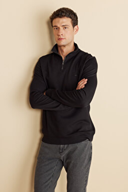 Pamuk Karışımlı Bato Yaka Pike Sweatshirt - Siyah (görsel 2)