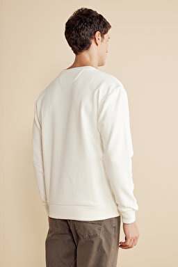 Pamuk Karışımlı Bisiklet  Yaka ve Kol Ucu Çizgi Detaylı Sweatshirt - Ekru (görsel 5)