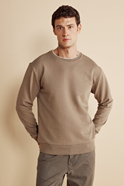 Pamuk Karışımlı Bisiklet  Yaka ve Kol Ucu Çizgi Detaylı Sweatshirt - Koyu Bej (görsel 2)