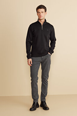 %100 Pamuk Bato Yaka Kuzu Peçli Sweatshirt - Siyah (görsel 3)