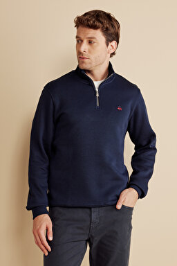 %100 Pamuk Bato Yaka Kuzu Peçli Sweatshirt - Lacivert (görsel 2)