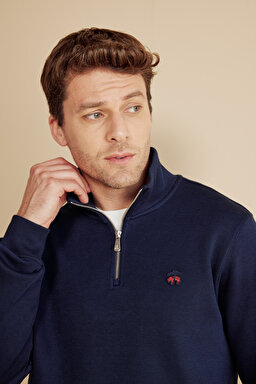 %100 Pamuk Bato Yaka Kuzu Peçli Sweatshirt - Lacivert (görsel 4)