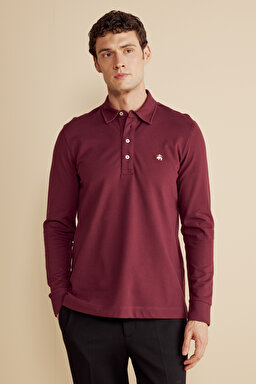 Pamuk Karışımlı Uzun Kollu Pike Polo Yaka Tişört - Bordo