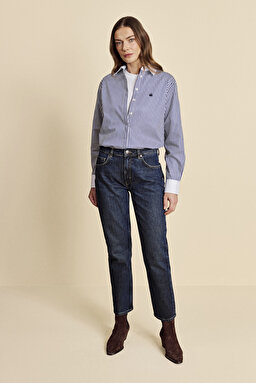 Slim Fit Düz Paça Denim Pantolon - Koyu Mavi