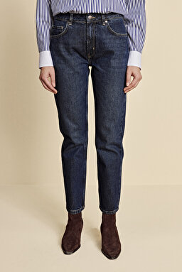 Slim Fit Düz Paça Denim Pantolon - Koyu Mavi (görsel 3)