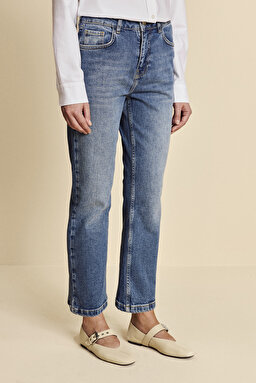 Pamuk Karışımlı Bol Paça Bootcut Denim Pantolon - Mavi (görsel 2)