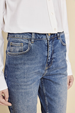 Pamuk Karışımlı Bol Paça Bootcut Denim Pantolon - Mavi (görsel 3)