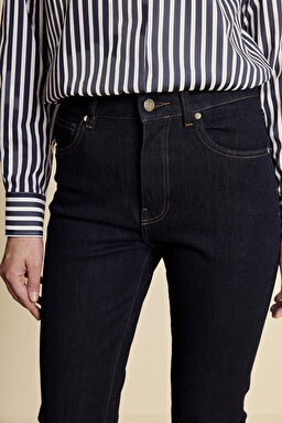 Rahat Kesim Ütü İzi Detaylı Denim Pantolon - Koyu Lacivert (görsel 4)