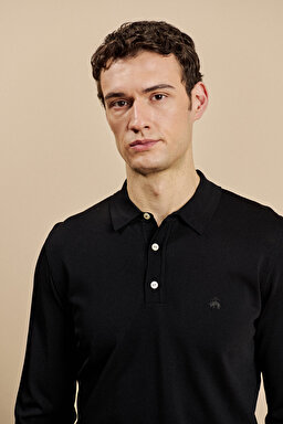 Polo Yaka Uzun Kollu Rayon Kazak - Siyah (görsel 4)