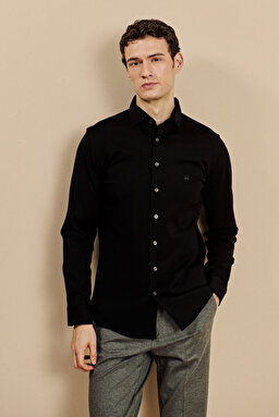 %100 Pamuk Lanvin Yaka Slim Fit Örme Gömlek - Siyah