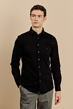 %100 Pamuk Lanvin Yaka Slim Fit Örme Gömlek - Siyah (görsel 2)