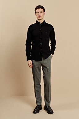 %100 Pamuk Lanvin Yaka Slim Fit Örme Gömlek - Siyah (görsel 3)