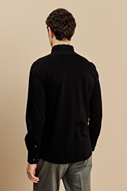 %100 Pamuk Lanvin Yaka Slim Fit Örme Gömlek - Siyah (görsel 5)