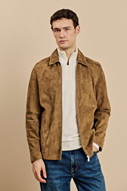Klasik Yaka Cep Detaylı Fermuarlı Süet Ceket - Camel
