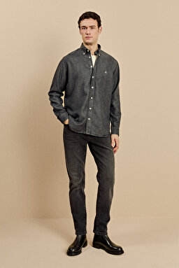 Düğmeli Yaka Regular Fit Denim Gömlek - Antrasit (görsel 3)