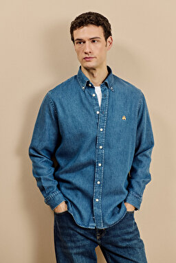 Düğmeli Yaka Regular Fit Denim Gömlek - Indigo