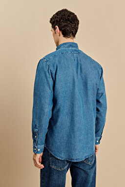 Düğmeli Yaka Regular Fit Denim Gömlek - Indigo (görsel 6)