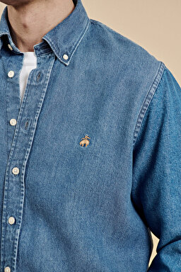 Düğmeli Yaka Regular Fit Denim Gömlek - Indigo (görsel 7)