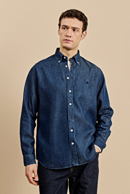 Düğmeli Yaka Regular Fit Denim Gömlek - Lacivert (görsel 2)