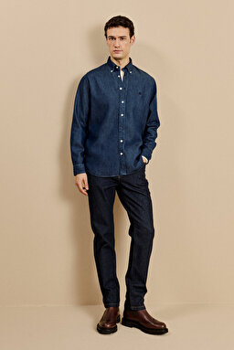 Düğmeli Yaka Regular Fit Denim Gömlek - Lacivert (görsel 3)