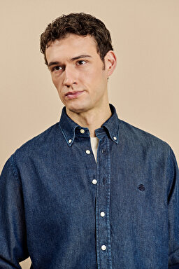Düğmeli Yaka Regular Fit Denim Gömlek - Lacivert (görsel 4)