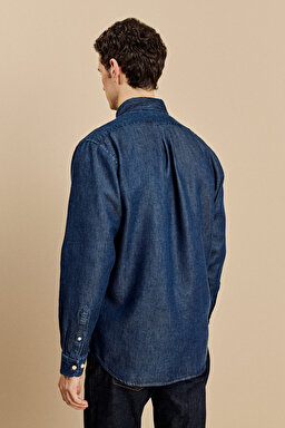 Düğmeli Yaka Regular Fit Denim Gömlek - Lacivert (görsel 5)