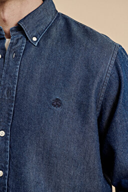 Düğmeli Yaka Regular Fit Denim Gömlek - Lacivert (görsel 6)