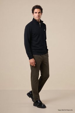 %100 Pamuk Bato Yaka Düğme Detaylı Sweatshirt - Siyah (görsel 2)