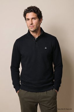 %100 Pamuk Bato Yaka Düğme Detaylı Sweatshirt - Siyah (görsel 3)
