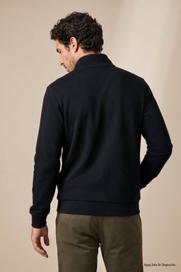 %100 Pamuk Bato Yaka Düğme Detaylı Sweatshirt - Siyah (görsel 5)