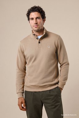 %100 Pamuk Bato Yaka Düğme Detaylı Sweatshirt - Koyu Bej (görsel 2)