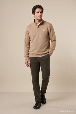 %100 Pamuk Bato Yaka Düğme Detaylı Sweatshirt - Koyu Bej (görsel 3)